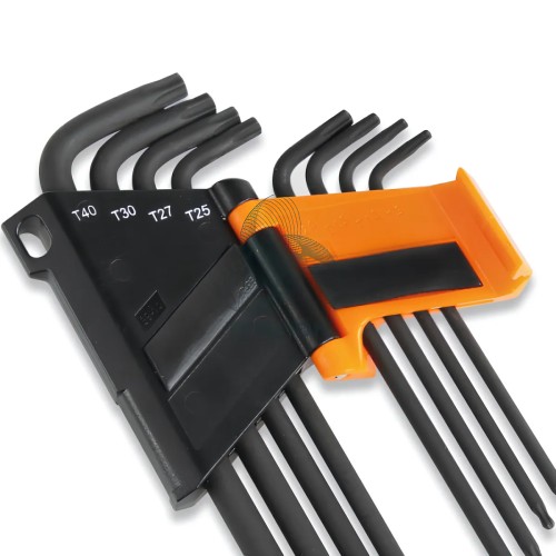 Set 8 Chiavi Maschio Piegate Con Estremità Sferica Modello Lungo Per Viti Con Impronta Tamper Resistant Torx T9-T40 Con Supporto