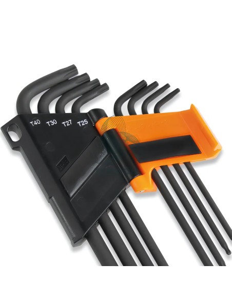 Set 8 Chiavi Maschio Piegate Con Estremità Sferica Modello Lungo Per Viti Con Impronta Tamper Resistant Torx T9-T40 Con Supporto