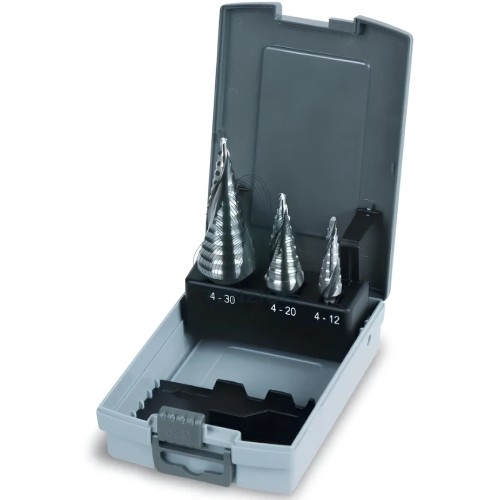 Set 3 Frese Coniche A Gradino Elicoidali Geometria Gradino Scorrevole HSS-G Ø4-30mm