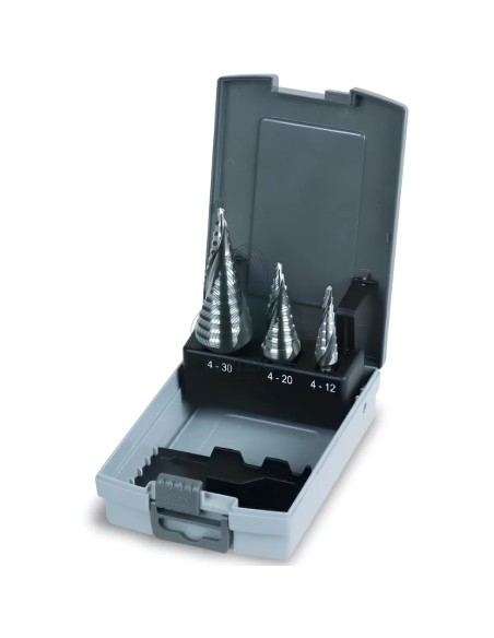 Set 3 Frese Coniche A Gradino Elicoidali Geometria Gradino Scorrevole HSS-G Ø4-30mm