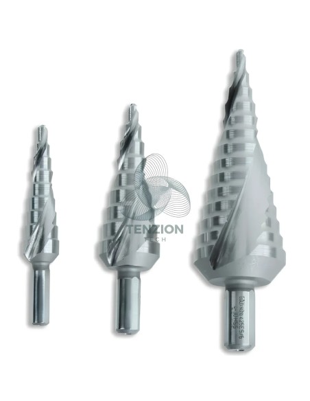 Set 3 Frese Coniche A Gradino Elicoidali Geometria Gradino Scorrevole HSS-G Ø4-30mm