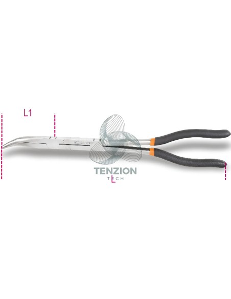 Pinza A Becchi Mezzotondi Lunghissimi Piegati 45° Zigrinati Doppio Snodo Manici PVC Antiscivolo